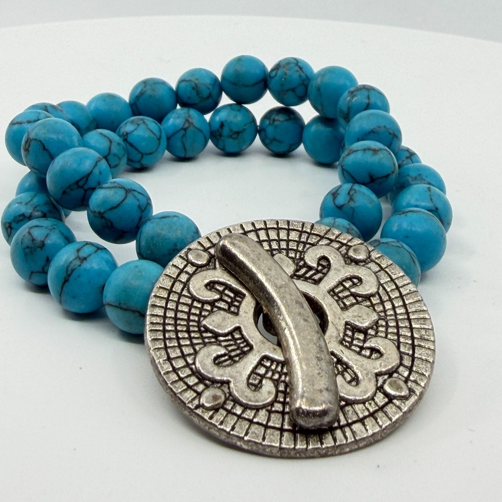 Statement Boho Turquoise Color Beaded Bracelet Antique Silver Toggle Clasp Gift